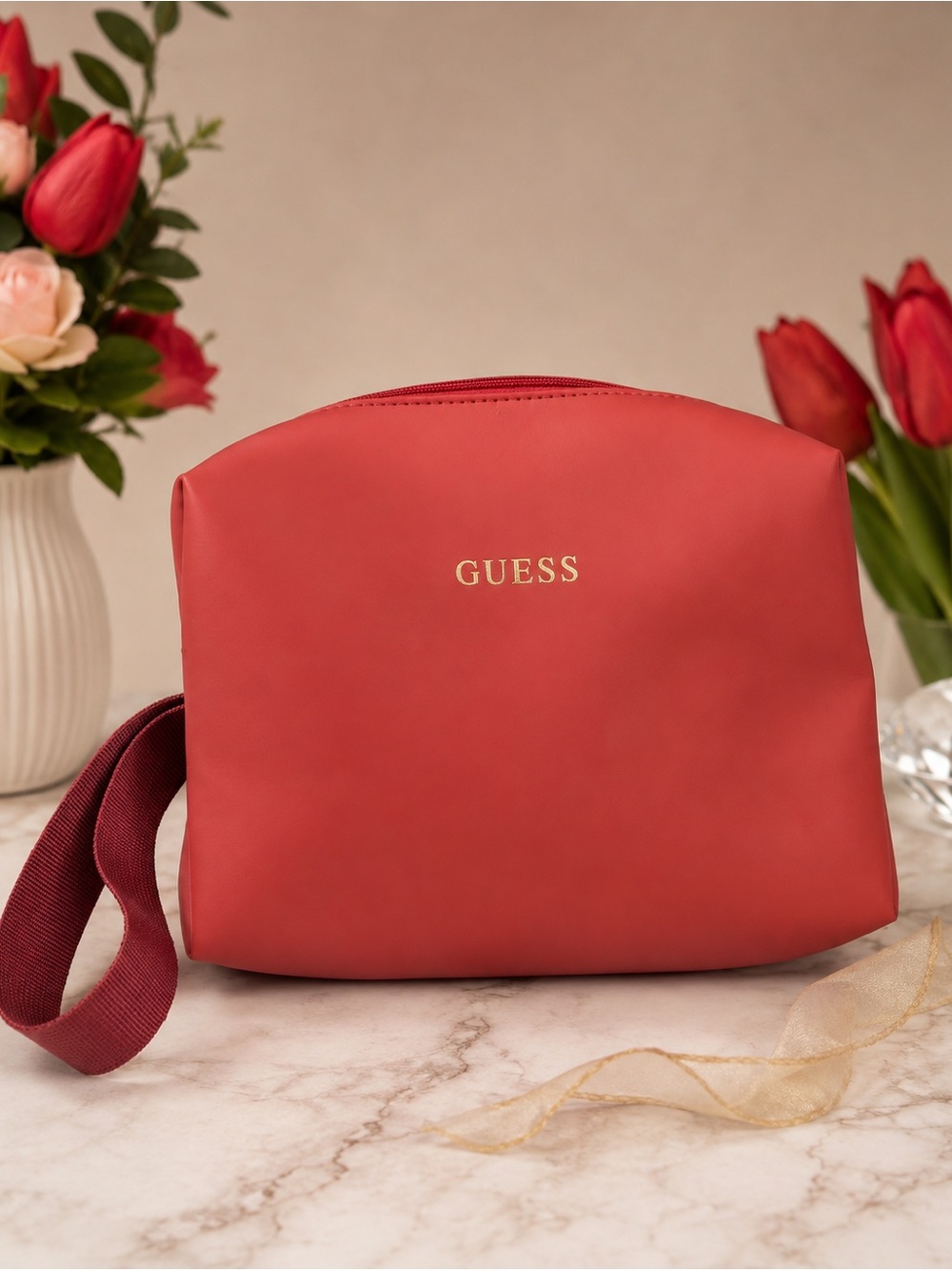 GUESS Coral-Red Cosmetic Pouch with Wrist Strap NWOT
